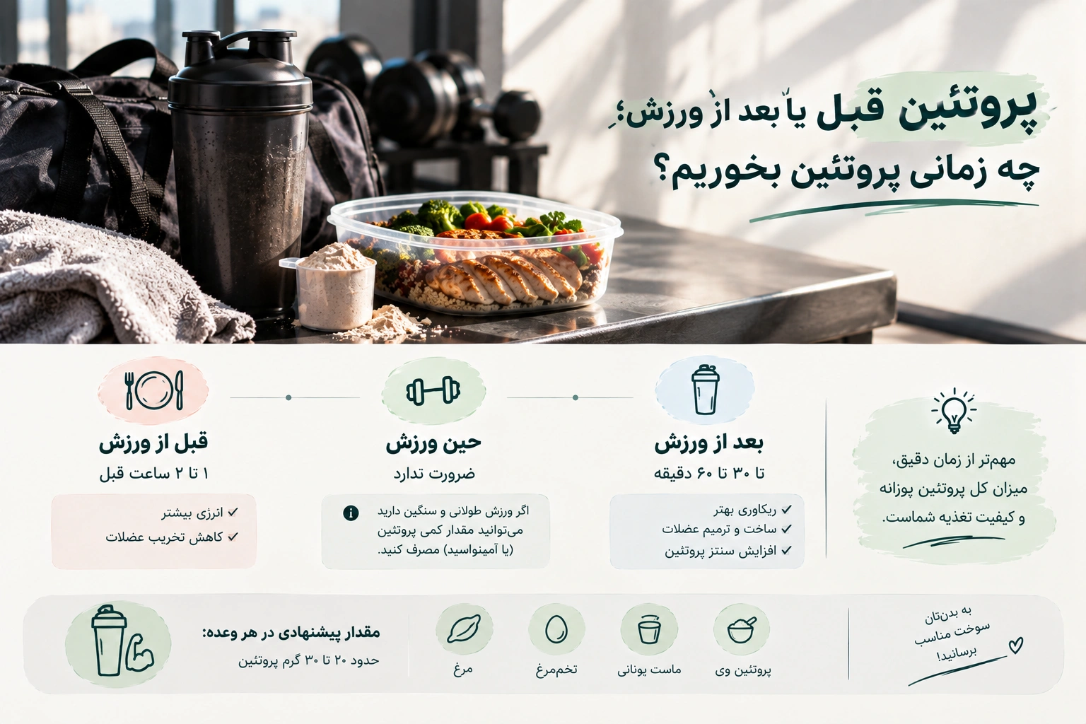 پروتئین قبل یا بعد از ورزش؟ بهترین زمان مصرف پروتئین